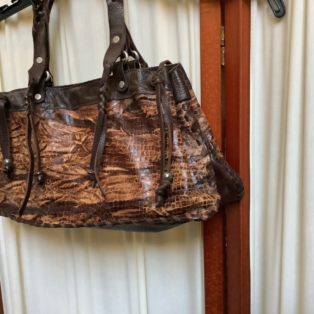 Vin Baker Reptile Embossed Leather Bag Cowgirl Leather Tassels Braided Handles